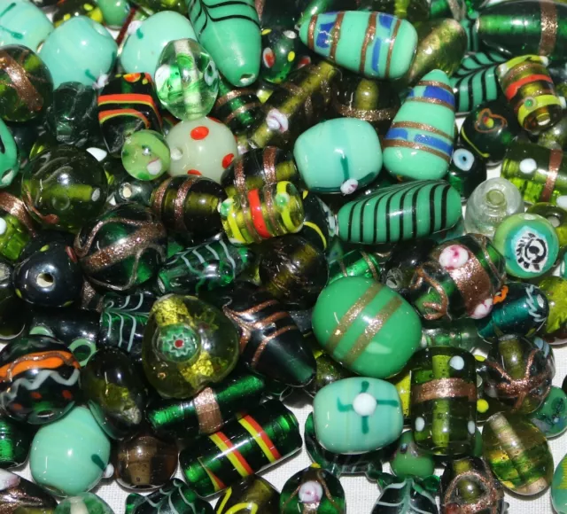 200 Lamp Work Glass Beads, Mixed Style & Sizes in Green Color combination.