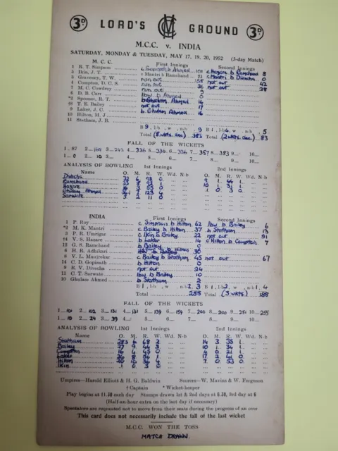 M.C.C. v India ~ Cricket Scorecard 1952 ~ @ Lord's Ground Free Postage