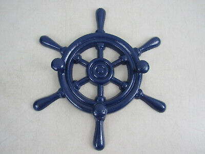 Cast Iron Blue Enamel Ship Boat Wheel 3 Coat Robe Hooks Wall Mount-11" Diameter