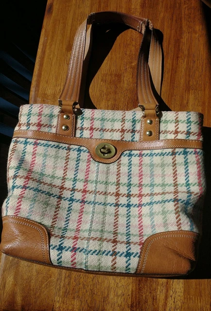 Coach Tan Hampton Plaid Tatterall Wool Leather Tote Carryall Bag Purse 13985