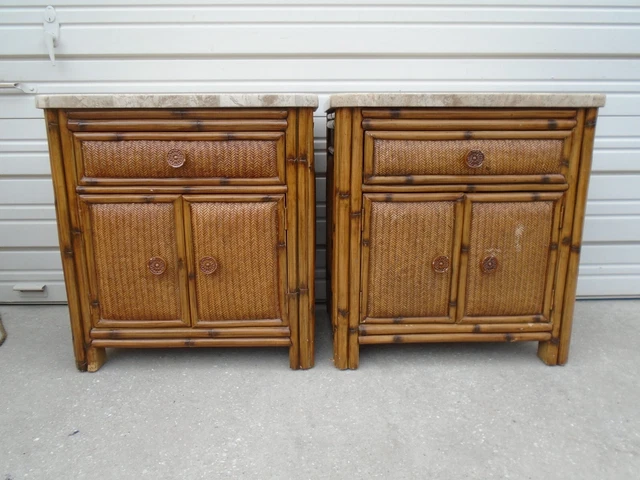 Pair Bamboo Nightstands Hawaii Hollywood Regency 2 Beach Tropical West Indies