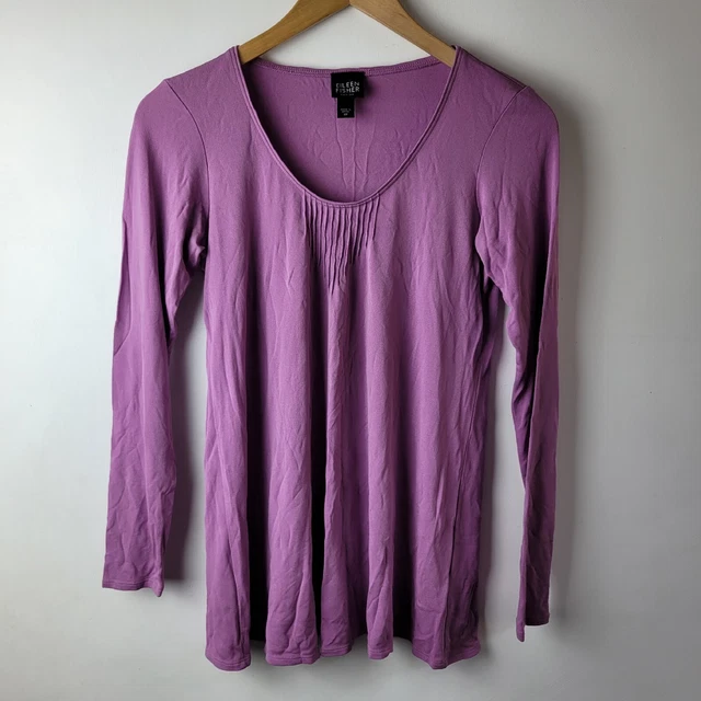 Eileen Fisher Damenbluse Größe SP lila 100 % Seide Stretch plissiert Oberteil Freizeit