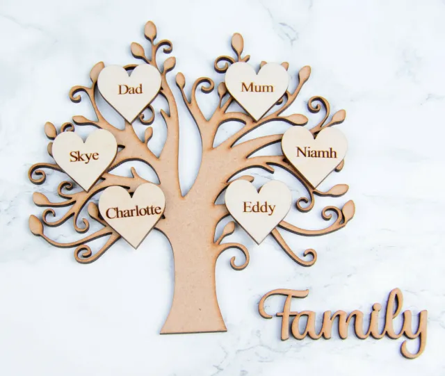 MDF Family Tree Shape with Personalised Engraved Hearts & Family sign