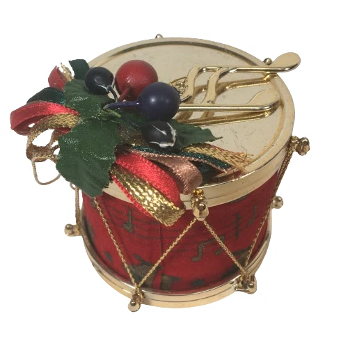 VTG Midwest Red Gold Plastic Drum Christmas Ornament Ribbon & Holly Musical Note