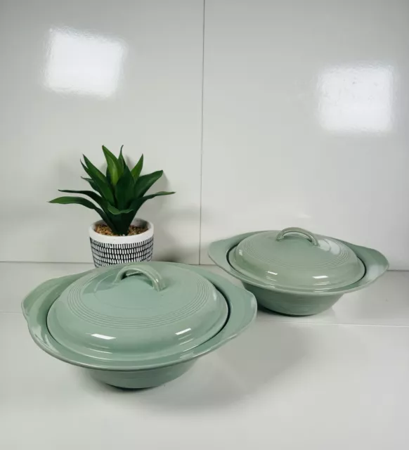 Pair of Vintage Wood's Ware Beryl Blue Green Lidded Tureen Serving Pots Dishes