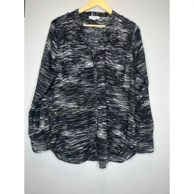 Calvin Klein Womens Button Shirt top XL Roll Tab Sleeve tunic black print blouse