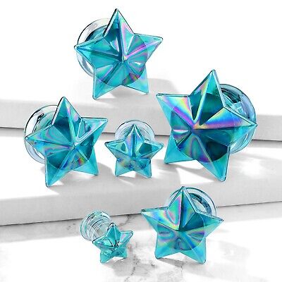 Pair - Blue Aurora Faceted Star Double Flared Glass Plugs Ear Gauges (2G-5/8")