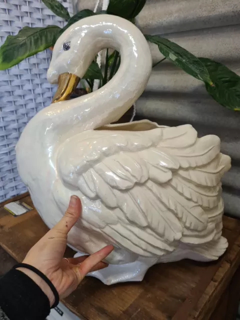 Vintage Mid Century Ceramic Large Swan Planter Pot Urn Ornament Pearl Figurine