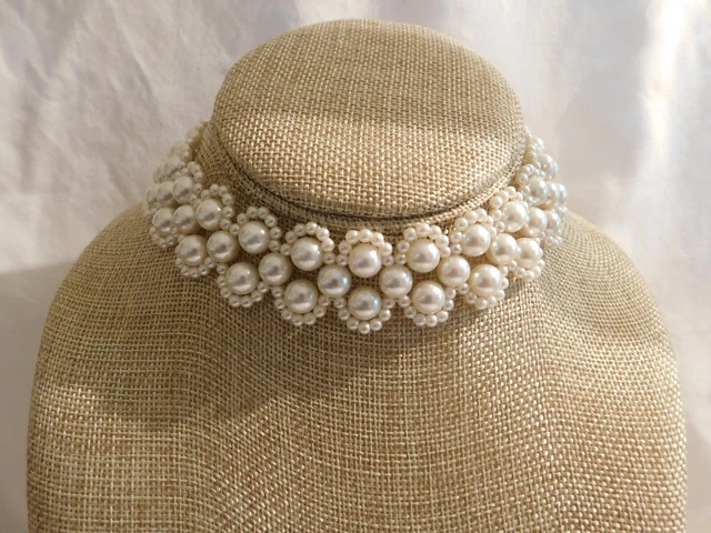 Vintage Faux Pearl Choker Necklace and Pearl Beaded Earrings
