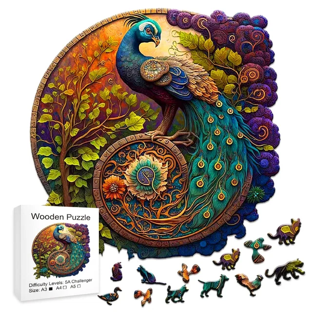 Wooden Animal Jigsaw Puzzles peacock Bird gift present for kid children adult