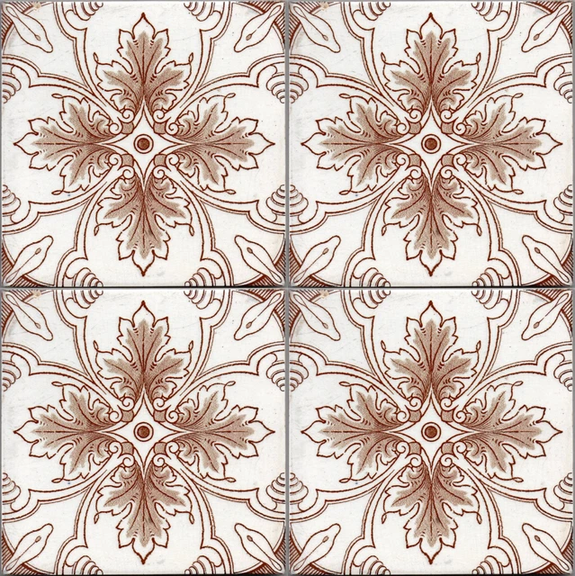Aesthetic ceramic majolica set of 4 tile Germany c1900 sepia white floral leaves