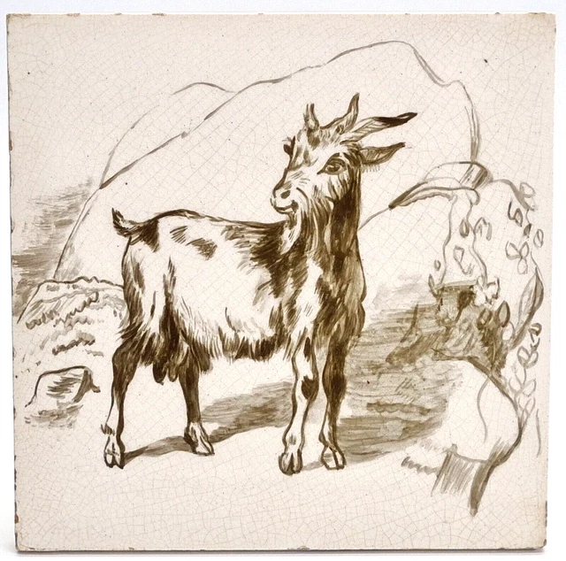Antique Minton Hand Painted Goat Tile C1890