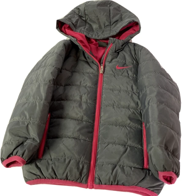 Nike  Puffer Hooded Jacket Childs 4/ XS Full Zippered Brown With Red Trim