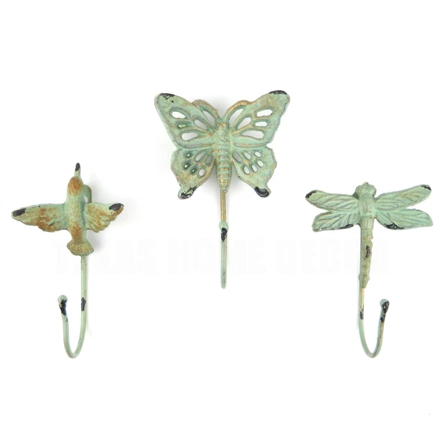 Cast Iron Butterfly Hummingbird Dragonfly Wall Hooks Coat Towel Key Hanger 3 Pcs