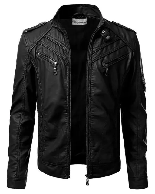 Mens Real Sheepskin Black Leather Jacket Retro Slim Fit Biker Jacket
