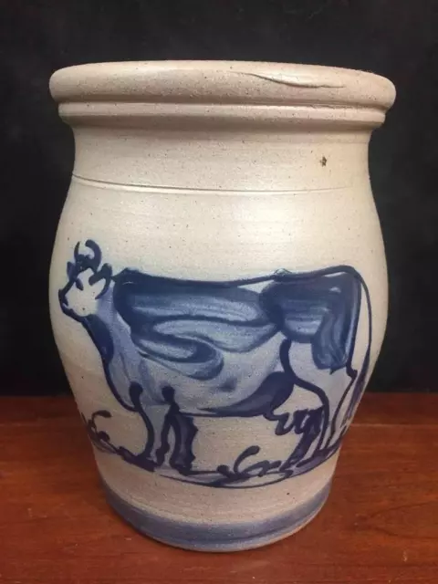 Vintage 1992 Rowe Pottery Works 6 1/2" Crock Cow Salt Glaze Handmade Stoneware