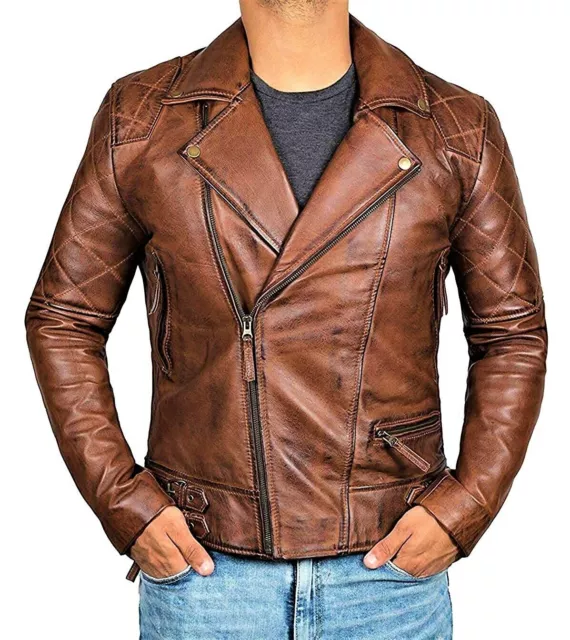 Mens Biker Motorcycle Brown Diamond Quilted Distressed Vintage Leather Jacket S1