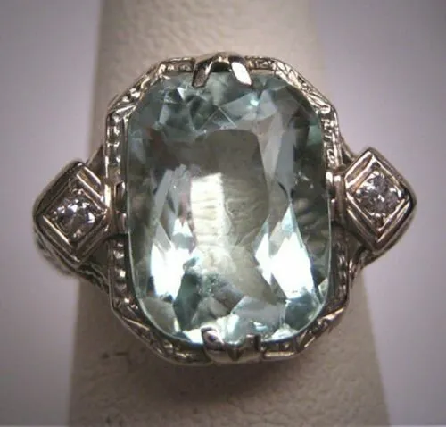 Vintage Art Deco Style 14.75Ct Aquamarine Diamond 1920-35 Unique 925 Silver Ring