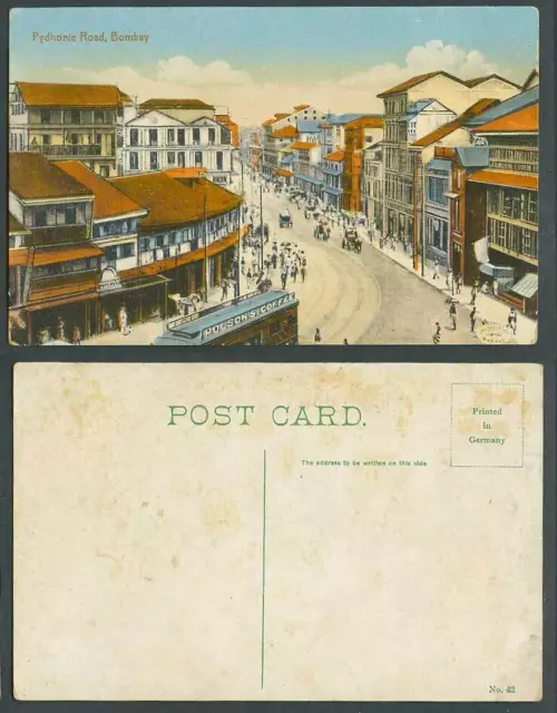 India Old Colour Postcard Bombay Pydhonie Road Street Scene TRAM Polson's Coffee
