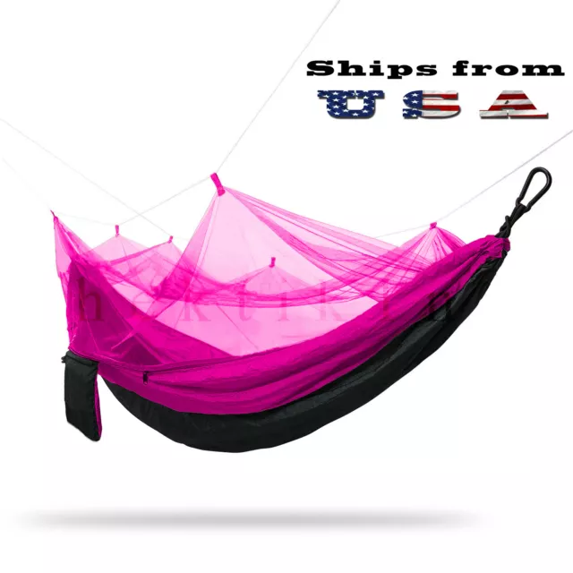 Double Outdoor Parachute Nylon Hammock with Mosquito Net Neon Purple - Large