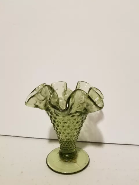 Fenton Green Trumpet Hobnail Vase w/ Fluted Edge & Ribbed Pedestal Base 4 inch