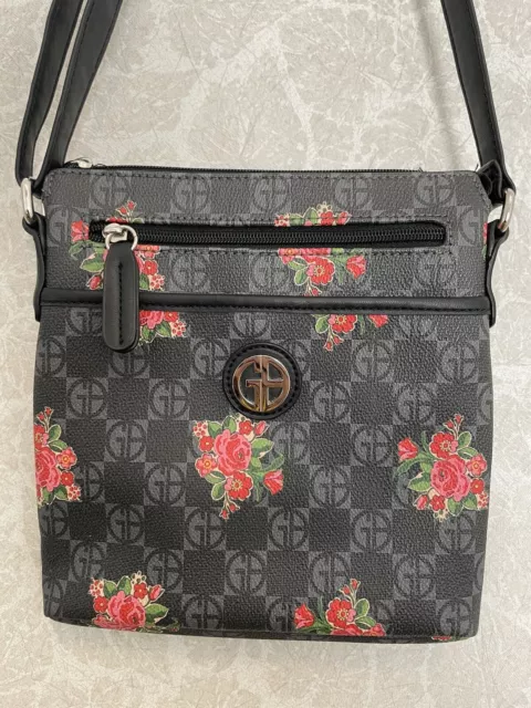 Giani Bernini Botanical Floral On Black Crossbody Women's HandBag Purse