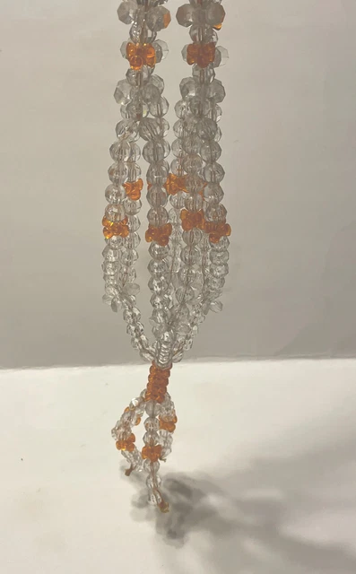 Vintage Plastic Beaded Macrame Style Plant Holder Orange & Crystal
