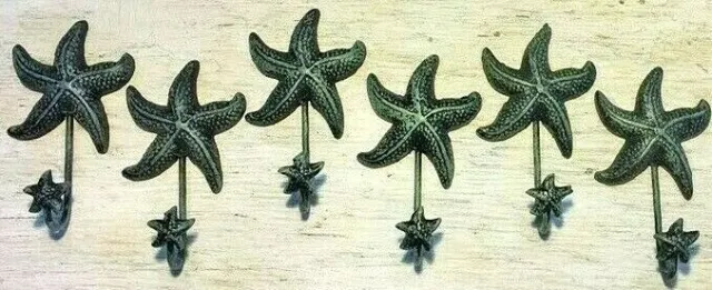 SET OF 6 ANTIQUE BLUE GRAY STARFISH HOOKS ocean star fish seashell beach 6" in