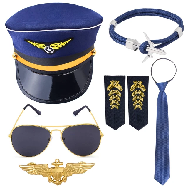 Pilot Costume Kit with Hat Aviator Sunglasses Tie Pin Epaulets for Me...