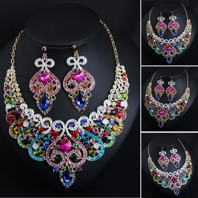 Women Fashion Bib Choker Chunky Crystal Statement Necklace Earrings Jewelry Sets