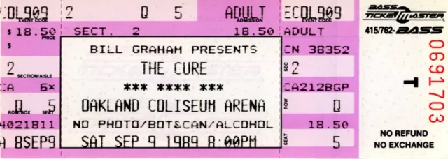 The Cure/Robert Smith 1989 Unused Ticket-Oakland Coliseum Arena