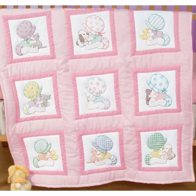 J Dempsey NURSERY QUILT BLOCKS 12Pc Stamped X Stitch Embroidery SUNBONNET BABIES