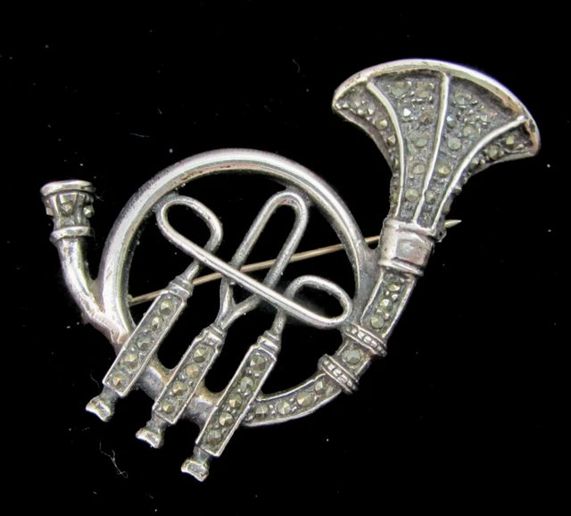 Vintage 925 Sterling Silver Marcasite French Horn Brooch Pin Musical Instrument