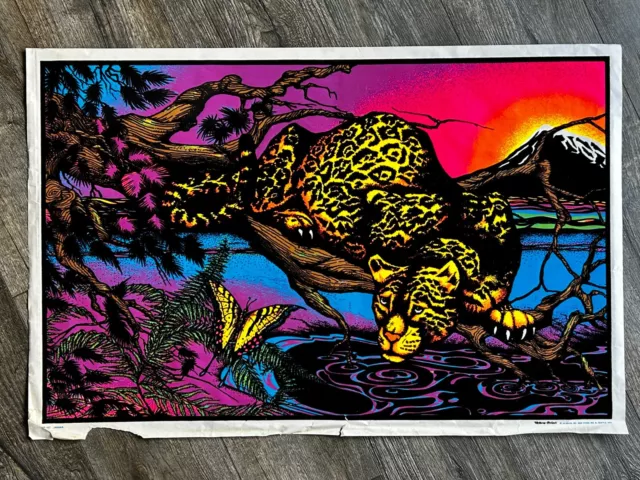 JAGUAR & BUTTERFLY Jungle Cat Flocked Blacklight Vintage Poster 1970's Décor