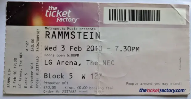Rammstein original used concert tour ticket NEC Birmingham 2010