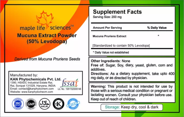 Mucuna Pruriens Extract Powder - Levodopa 50% Levo Dopa 200 mg serving size 2