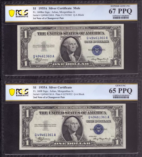 1935 A $1 Silver Certificate Mule Non Mule Changeover Pair Note Pcgs B 67/65 Ppq