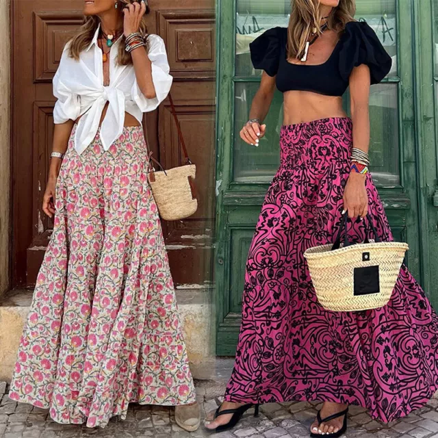 Donna Boho Floreale lungo Maxi Gonna Donna Vita Alta Spiaggia Vacanza Swing