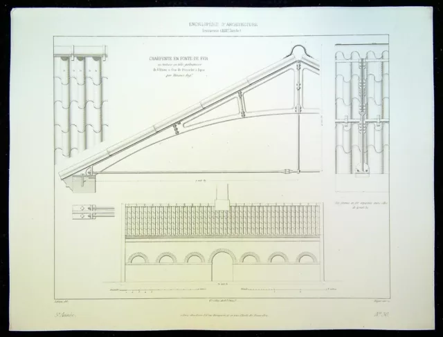 Ancienne Gravure d'Architecture Charpente en fonte de fer Usine à Gaz  Perrache