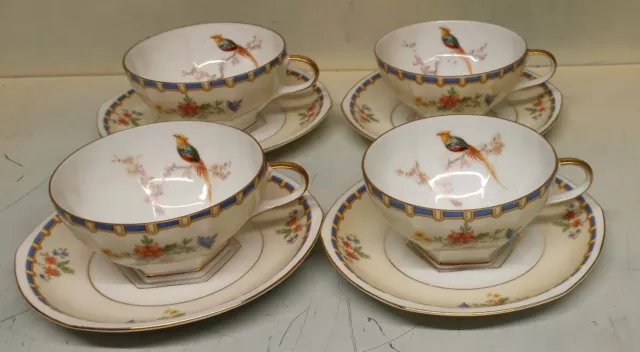 MZ Altrohlau Golden Pheasant Czechoslovakia 4 Cups & Saucers Octogan Tea Coffee