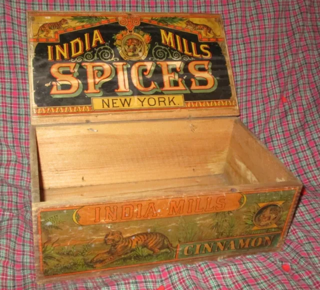 RARE 1800s Antique INDIA MILLS SPICES Wood Advertising Box CINNAMON 2 LABELS