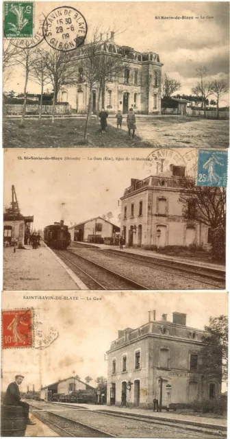 SAINT SAVIN DE BLAYE (33) 3 CPA de La Gare.posted in 1909 and 1927.