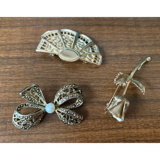 Three Goldtone Fashion Pins Rose Bow with Faux Pearl and Fan