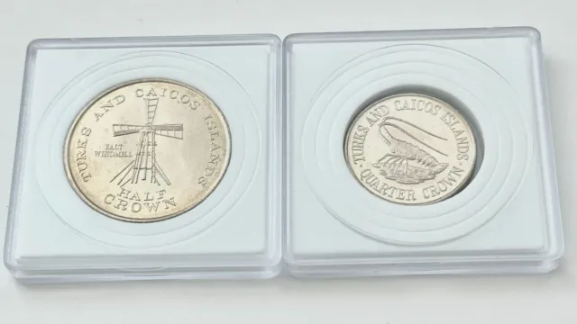 1981 Two coins 1/2 And 1/4 Crown￼ UNC BU Turks Caicos Islands Queen Elizabeth