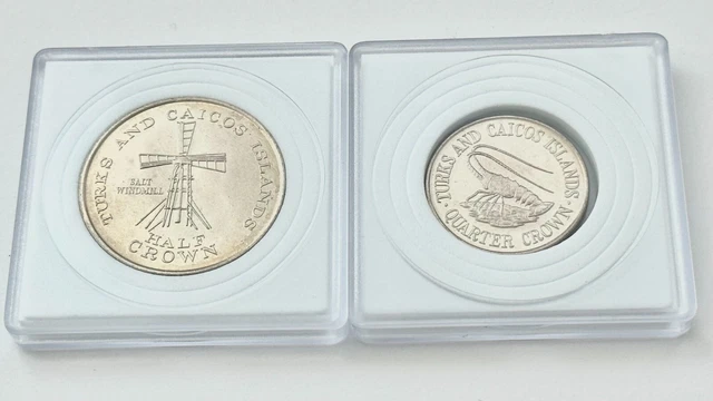 1981 Two coins 1/2 And 1/4 Crown￼ UNC BU Turks Caicos Islands Queen Elizabeth
