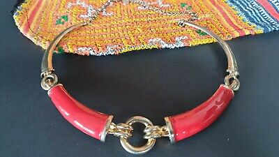 Old Imported Costume Gold Tone & Red Enameled Necklace …beautiful accent piece