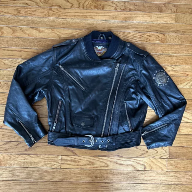 Womens Harley Davidson Leather Motorcycle Jacket Size Medium Emblem Zippers Belt