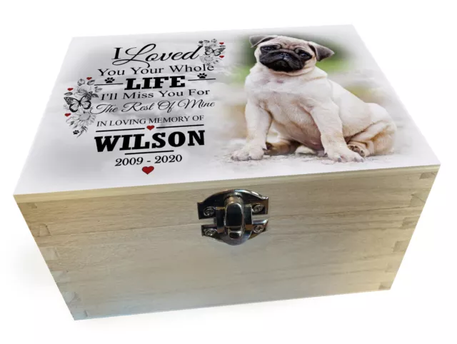 Wooden dog memorial urn casket, Urn for cremated pet ashes, Personalised design.