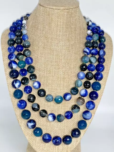 ANTHROPOLOGIE Three Strand Muti-tone Blue Beaded Layered Statement Necklace