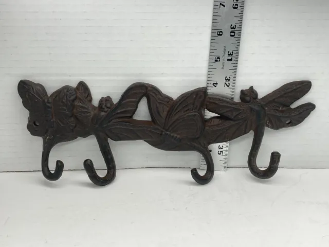 Brown Painted Cast Iron Butterfly & Dragonfly Wall Mount 4 Hook Coat Hanger